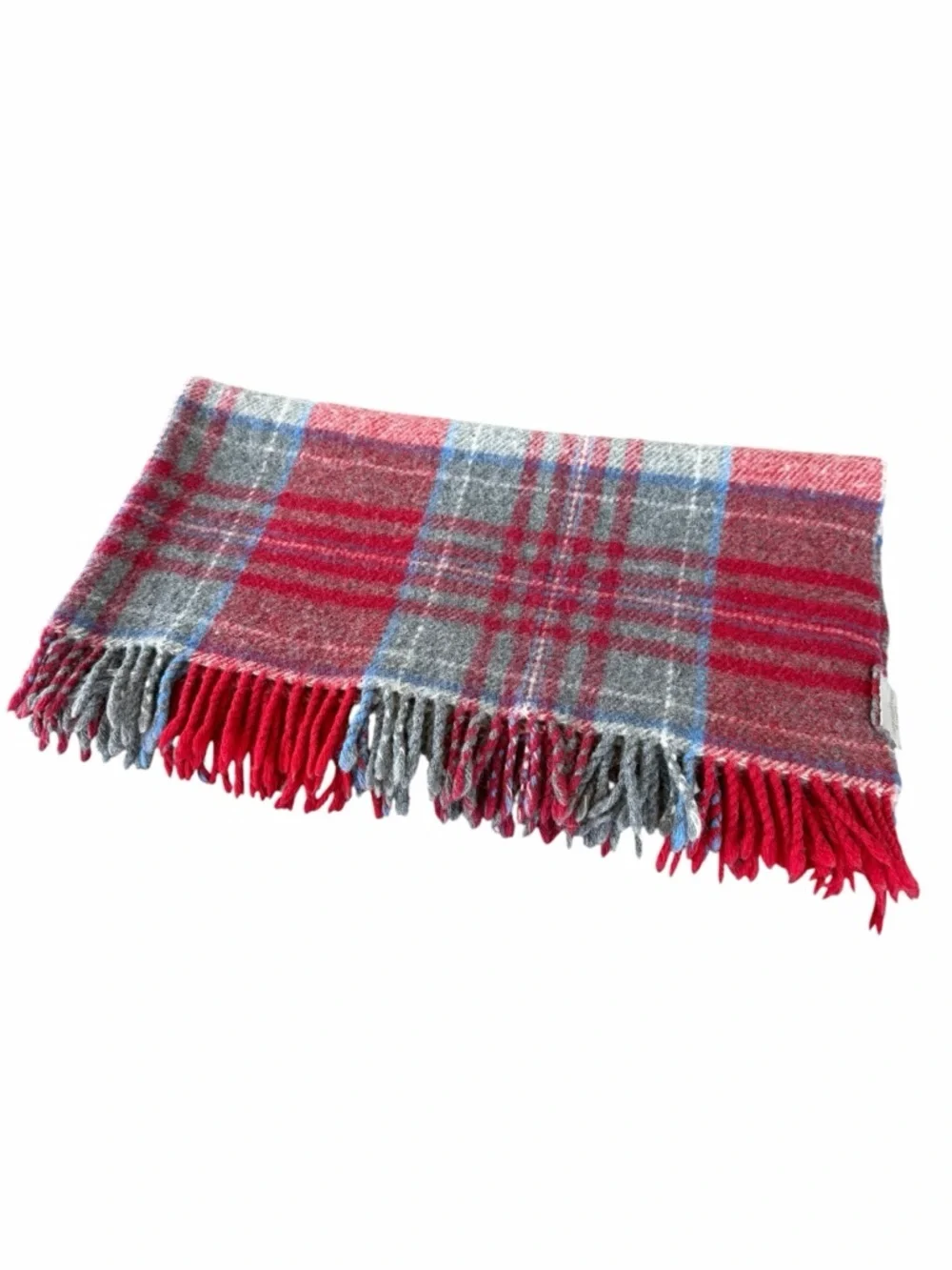 Coperte LaneRossi 100% Virgin Wool Fringed Throw Red Gray Blue Plaid 49x58 GUC